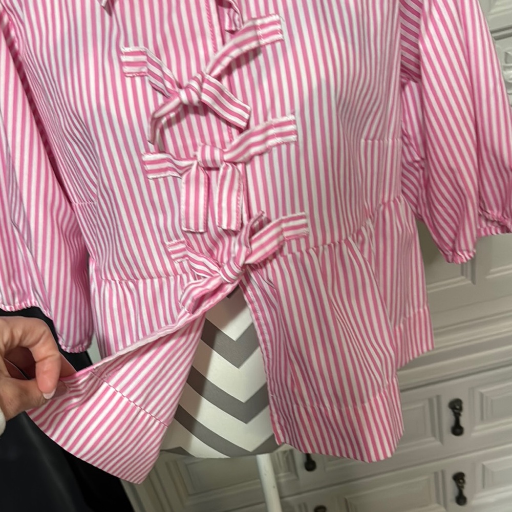 Velvet Heart Pink & White Striped Bow Blouse Size Large - Picture 4 of 13